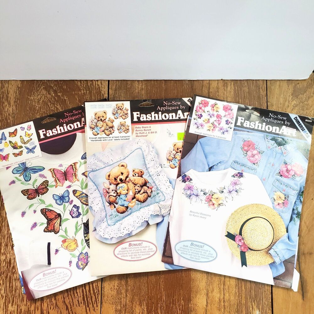 3 Vtg Dimensions FashionArt Iron On Appliques Baby Bears Butterflies Flowers New